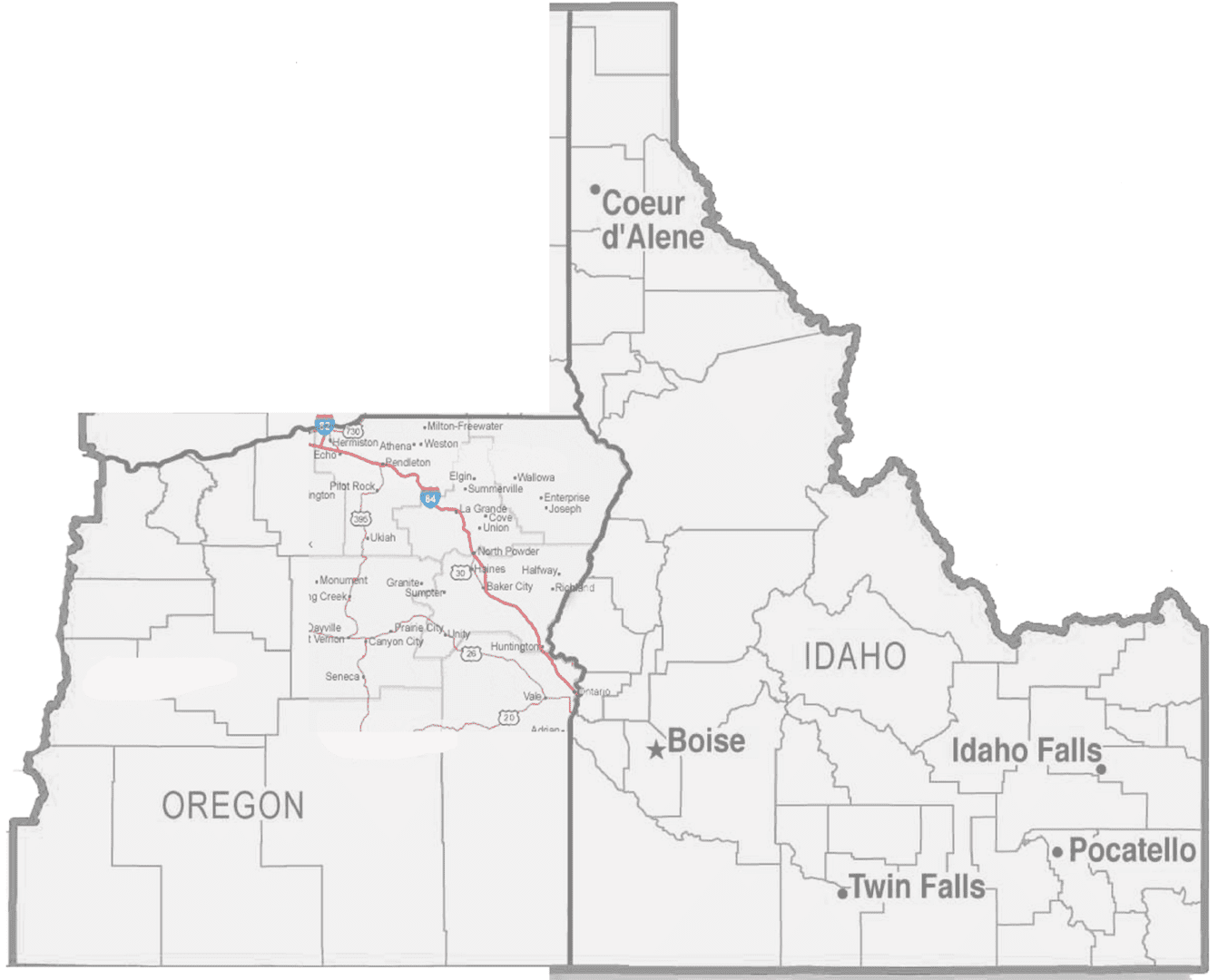 A map of idaho with counties marked.