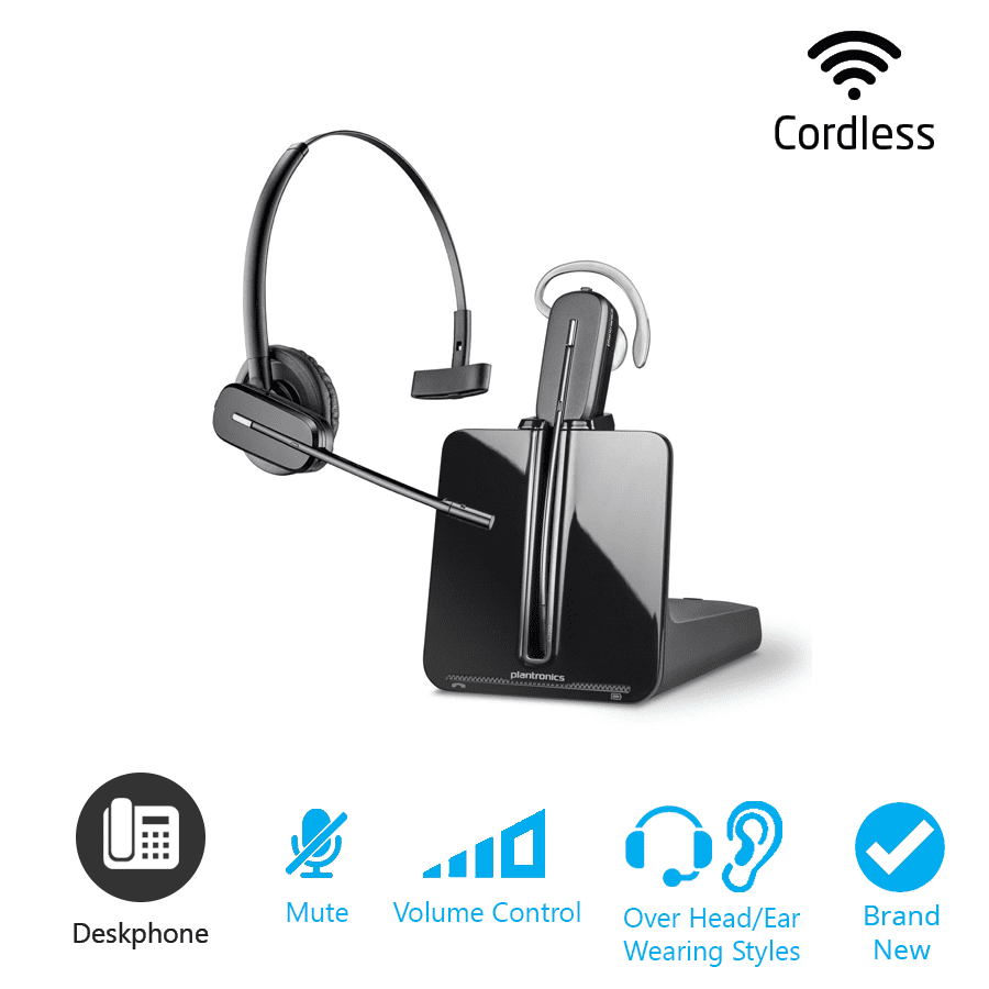 A wireless headset with a charging dock and headphones.