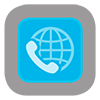 A blue and white icon of a phone with a globe in the middle.