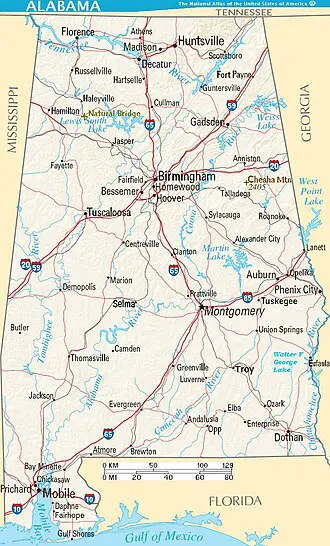 A map of the state of alabama with roads.